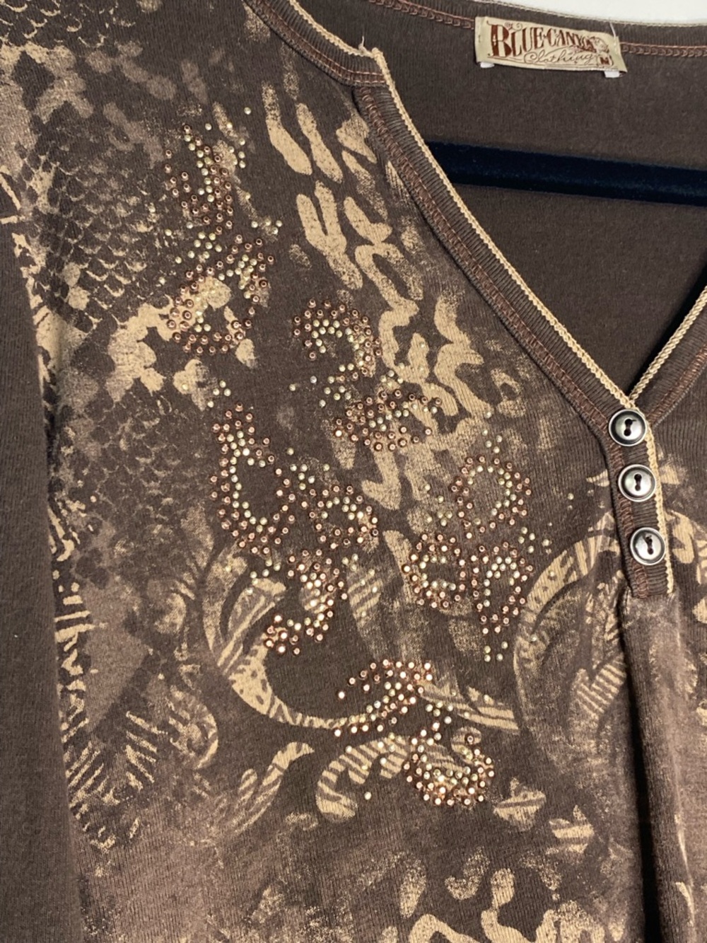 Brown Patterned Rhinestone Long-Sleeve Henley Top - Picture 3 of 4